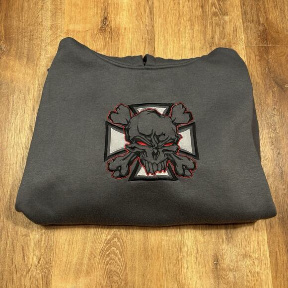 Vintage Top Heavy Hoodie Sweatshirt Mens L Y2K Embroidered Skull Cross Choppers - Picture 1 of 7